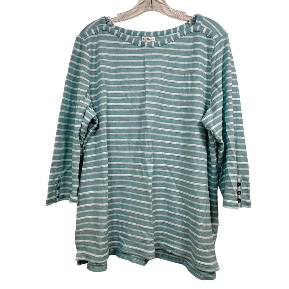 Croft & Barrow Teal White Striped Boat Neck 3/4 Sleeve Top XL